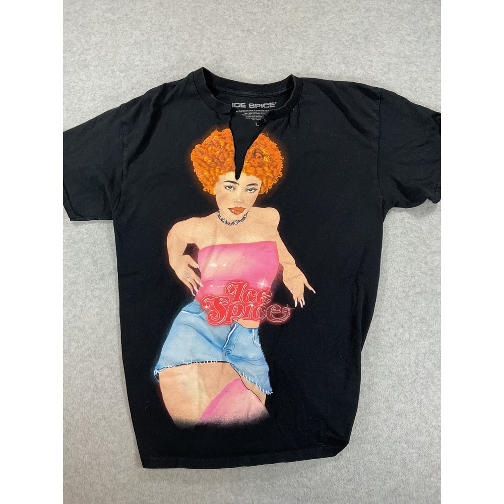 Ice Spice Graphic T-Shirt Black Custom Tie Back Cut Out Neck Rap Tee Large 2581